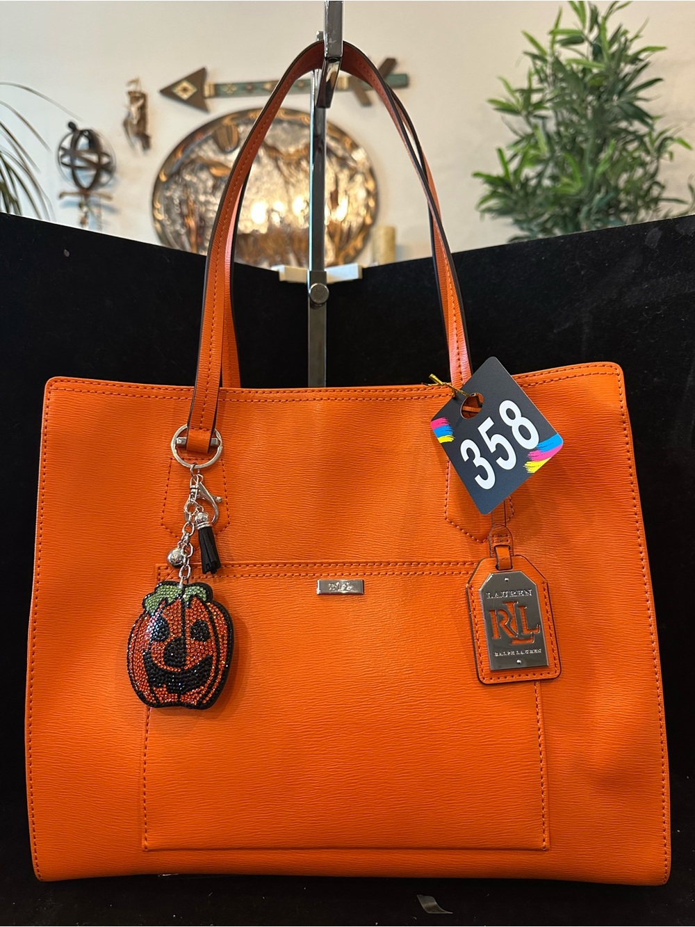Lauren Ralph Lauren # 358 Bright Orange Leather Tote with RL Luggage Tag